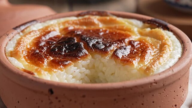 Close-up of baked rice pudding in a clay pot, being drizzled with a liquid