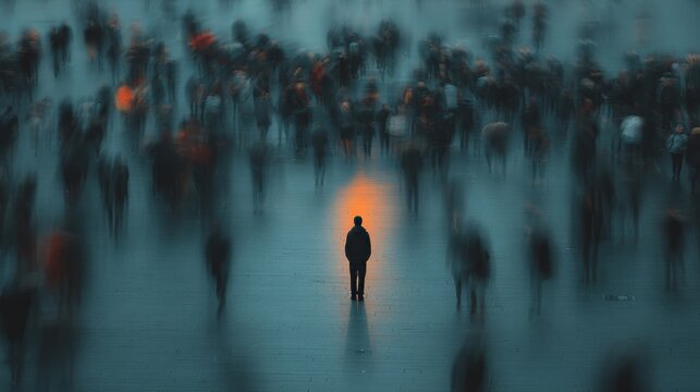 Urban isolation and individuality are highlighted as one person stands still among moving crowds, symbolizing modern loneliness in busy city life