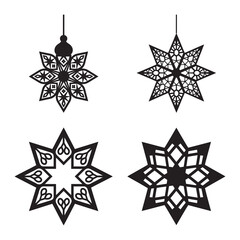 Four black ornamental star designs suitable for digital art, laser cutting, or craft projects.