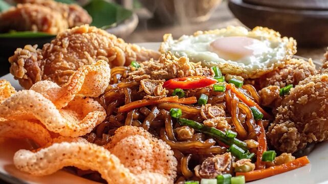 A delicious plate of fried chicken, noodles, and egg is served for a meal
