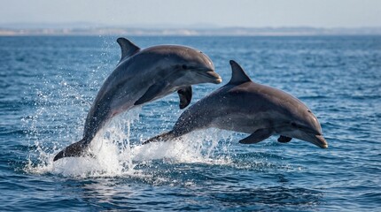 Obraz premium Dolphins Jumping in Playful Ocean Scene with Bright Sunny Lighting on Calm Sea Surface for Marine Life
