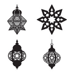 Four black silhouettes of traditional arabic lanterns and geometric patterns, perfect for ramadan decorations