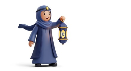 Smiling Muslim Girl Carrying Ramadan Lantern in Blue Dress 3D Cartoon Character