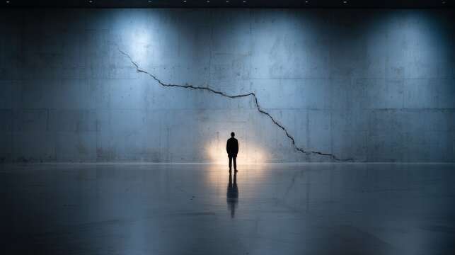 Solitary figure silhouette evokes themes of isolation, resilience, and introspection in urban industrial environment for conceptual or mental health campaigns