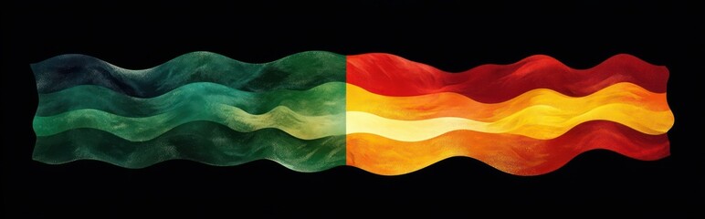 dual flowing textured waves in cool green and warm red bands meeting at center, calm versus energetic contrast on black background