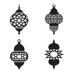 Four black silhouettes of intricate islamic lanterns with geometric patterns, suitable for ramadan decorations.