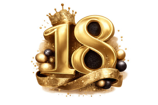 Golden 18 number with crown for anniversary celebration
