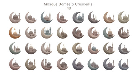 Vector set of 40 mosque domes and crescents in various earth tones, isolated on transparent background © Lipi