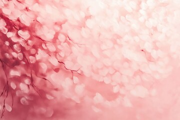 Fototapeta premium dreamy soft pink blossom petals drifting around a delicate thin branch against a glowing bokeh background