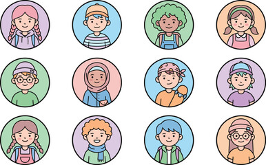 Diverse collection of children's avatar portraits showcasing various cultures and expressions for user profiles and digital representation