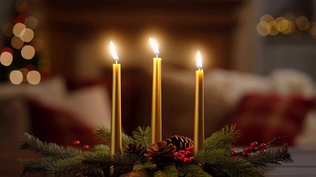 Elegant holiday centerpiece with three lit candles surrounded by pine branches and festive decorations. Perfect for creating a warm, inviting atmosphere during celebrations