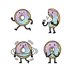 Cartoon donuts dancing with different emotions on white background