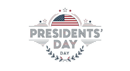 A patriotic illustration featuring the text Presidents' Day with an American flag and laurel wreath, symbolizing Washington's Birthday and Federal Holiday in the USA.