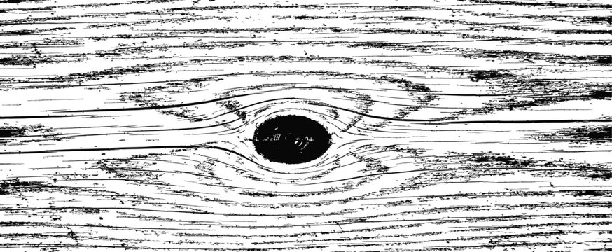 Grunge distressed wood texture background with knot vector overlay Black and white rough horizontal timber grain pattern