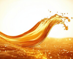 luminous golden liquid wave with airborne droplets frozen mid-motion over a shimmering sunlit surface, conveying energy and warmth