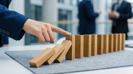 Risk management, Business strategy, Crisis management, Problem solving, Domino effect, Leadership, Intervention by a professional business person stopping falling wooden blocks.