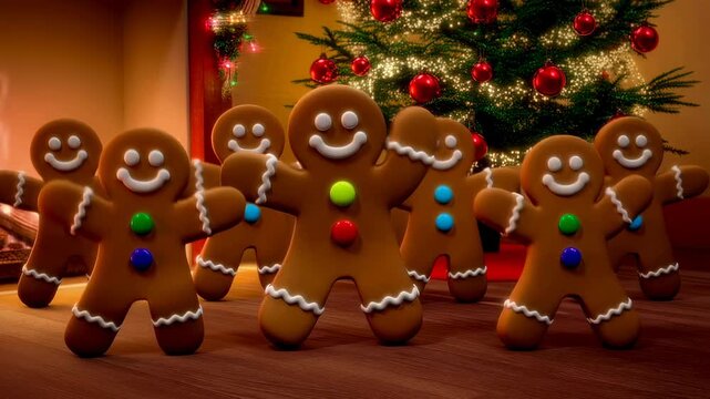 Cheerful gingerbread men dancing in front of a beautifully decorated Christmas tree. Represents festive joy and holiday spirit