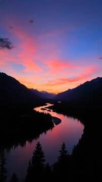 A winding river reflects the vibrant colors of a dramatic sunset sky