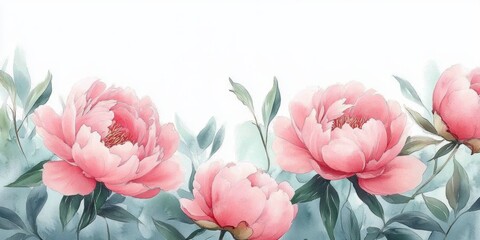 Fototapeta premium delicate watercolor pink peonies and green leaves on a soft pale background, serene and romantic blooming floral composition