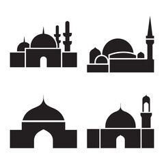 Four black silhouette icons representing different architectural styles of mosques with domes and minarets