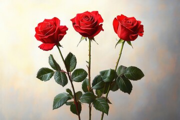 Fototapeta premium Three vibrant red roses with glossy green leaves and thorny stems against a soft neutral background, evoking romantic elegance and serenity