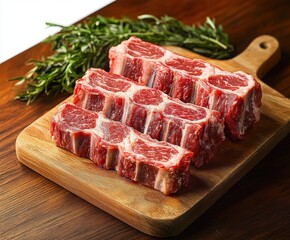 Fresh raw beef rib slices arranged on wooden cutting board with rosemary sprigs on rustic table, appetizing and rustic food preparation scene