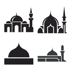 A collection of four black silhouette icons showcasing diverse mosque designs and islamic architecture