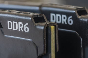 Macro image of DDR6 RAM sticks showing high-speed memory hardware used in desktops and servers