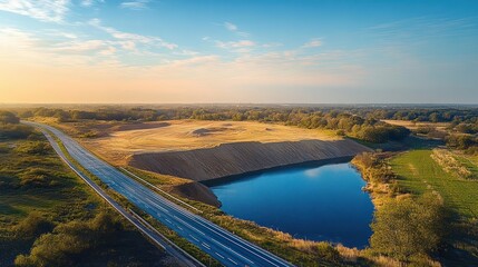 Serene sunlit rural highway beside a calm blue quarry lake and golden sand fields at sunrise