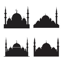 Four black silhouettes of mosques with domes and minarets against a white background