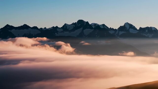 Dramatic mountain range peaks rise above a pink cloud ocean