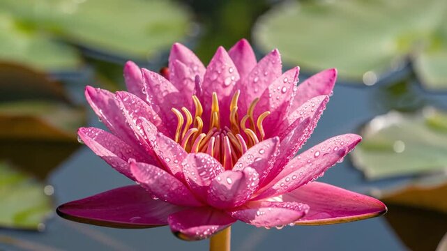 A close-up shot of a bright pink water lotus with droplets of water and yellow center
