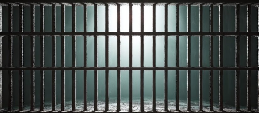Backlit metal prison bars with foggy teal light, concrete floor and long shadows conveying cold isolation and confinement
