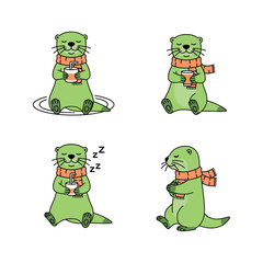 Cartoon otter in scarf performing daily activities with humor and cuteness