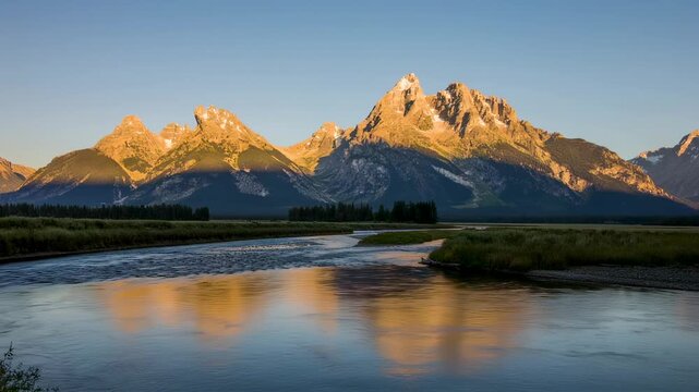 Scenic shot of mountains mirrored in a calm river