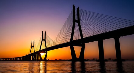 Fototapeta premium Cable-stayed bridge over water at sunset.