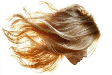 Fototapeta premium long flowing sunlit golden auburn hair blowing in wind on white background evoking freedom and graceful movement