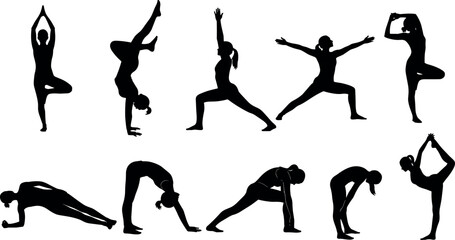 Obraz premium Yoga pose silhouettes collection featuring balance stretching strength meditation exercises for wellness fitness mindfulness vector illustration