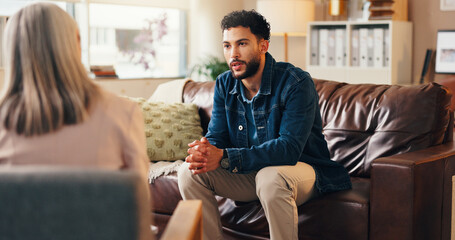 Clipboard, conversation and psychologist with man in office with checklist for mental health...