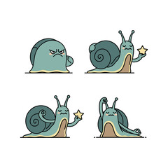 Cartoon snails with different emotions holding stars in various poses