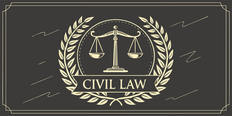 Elegant golden icon of scales of justice with civil law text. Legal concept illustrating fairness and judicial principles.