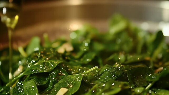 Oil being poured on fresh spinach leaves, some with garlic slices