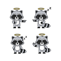 Cartoon raccoons with halo in various poses on white background