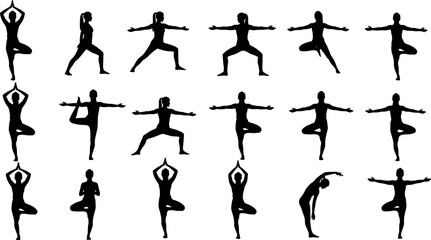 Yoga poses silhouette set featuring balanced standing postures, meditation exercises, female fitness figures, isolated black shapes for wellness, mindfulness, and healthy lifestyle design