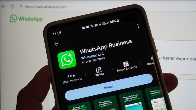 WhatsApp Business dev application on Smartphone screen. WhatsApp Business is a freeware web browser developed by WhatsApp Inc