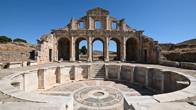Ancient ruins of a partially standing structure with arches, and a circular courtyard. Clear blue sky