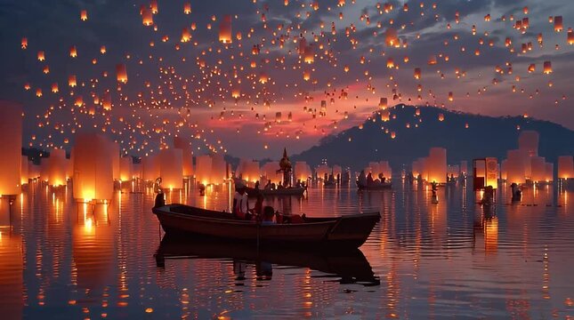 People release lanterns on a serene lake at sunset from a boat