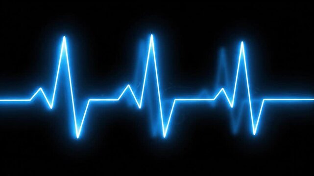 Bright blue neon line forming an electrocardiogram heartbeat on a dark