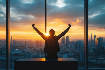 Fototapeta premium silhouette of person with raised arms in office by floor-to-ceiling window overlooking city skyline at sunrise, triumphant and hopeful mood
