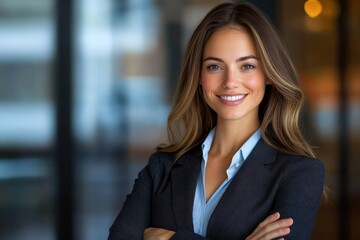 Fototapeta premium confident professional woman in blazer and blue shirt with crossed arms standing in modern office interior